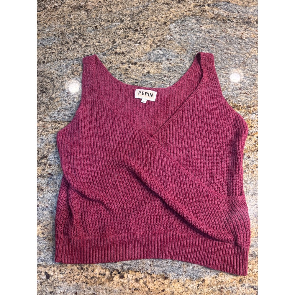 PEPIN Anthropologie Knit Wrap Cropped Tank Top Burgundy Ribbed V Neck Size Small
